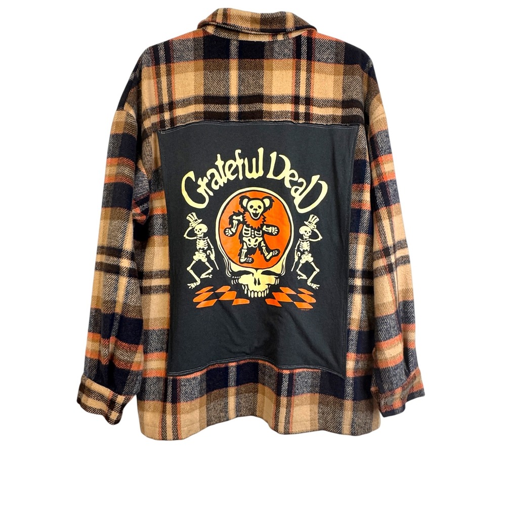 Grateful Dead Custom Plaid Flannel Shirt XL Tan Navy Orange Graphic Back Patch